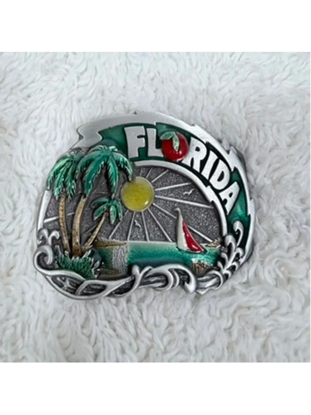 Vintage 1980 Great American Buckle Co Florida Enamel Beach Sailboat Sunset USA